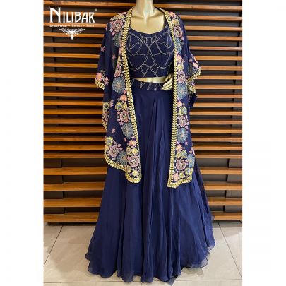 Navy Blue Organza Jacket Style Lehenga
