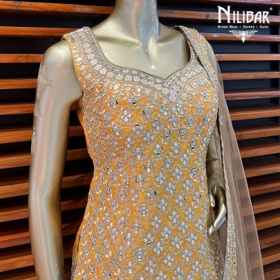 Yellow wiith Contrast Mehandi Green Silk Palazzo Suit
