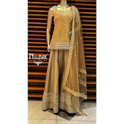 Yellow wiith Contrast Mehandi Green Silk Palazzo Suit
