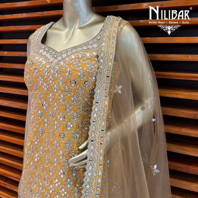 Yellow wiith Contrast Mehandi Green Silk Palazzo Suit