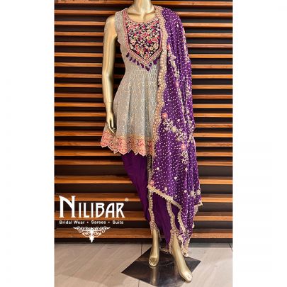 Purple and Grey Georgette Peplum Suit