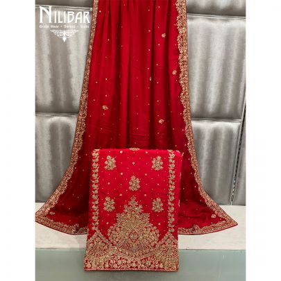 Red Crepe and Chinon Unstitched Suit 