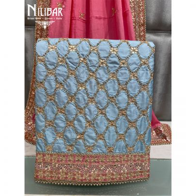 Sky Blue and Pink Silk and Chinon Unstitched Suit