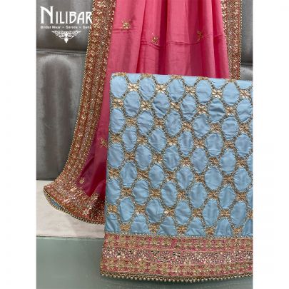 Sky Blue and Pink Silk and Chinon Unstitched Suit