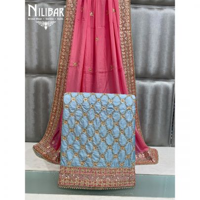 Sky Blue and Pink Silk and Chinon Unstitched Suit