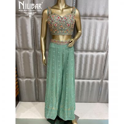 Fern Green Georgette and Organza Palazzo Suit