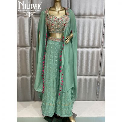Fern Green Georgette and Organza Palazzo Suit