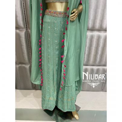 Fern Green Georgette and Organza Palazzo Suit