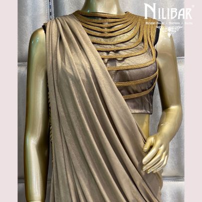 Golden Chantilly Net Draped Saree