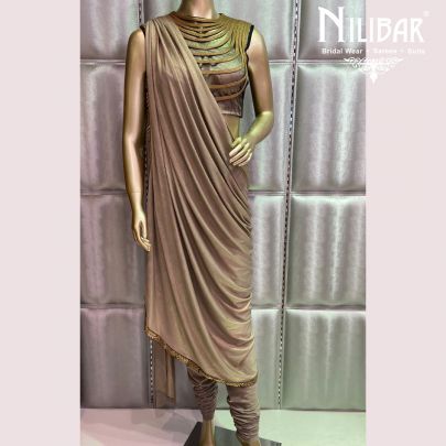 Golden Chantilly Net Draped Saree