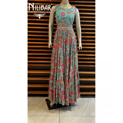 Turquoise Georgette Printed Jumpsuit
