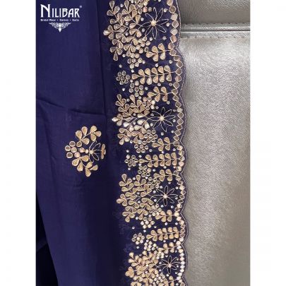 Navy Blue Silk and Organza Unstitched Suit