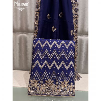 Navy Blue Silk and Organza Unstitched Suit
