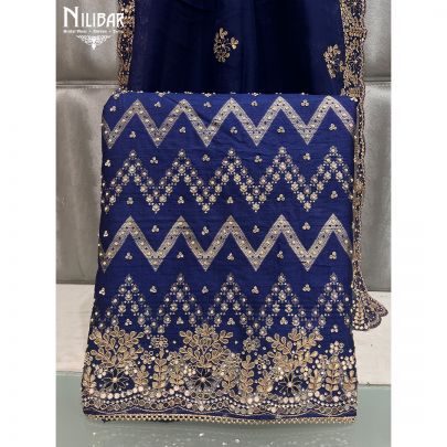 Navy Blue Silk and Organza Unstitched Suit