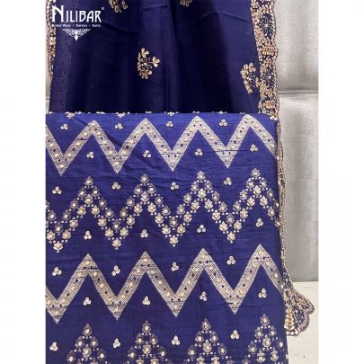 Navy Blue Silk and Organza Unstitched Suit