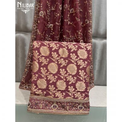 Mehroon Banarasi Silk and Organza Unstitched Suit