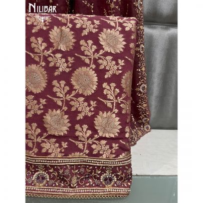 Mehroon Banarasi Silk and Organza Unstitched Suit