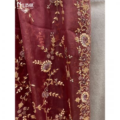 Mehroon Banarasi Silk and Organza Unstitched Suit
