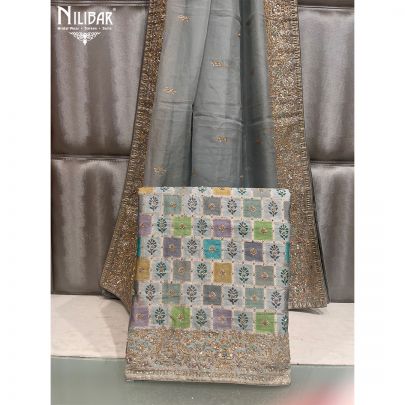 Smoky Slate Silk and Organza Unstitched Suit