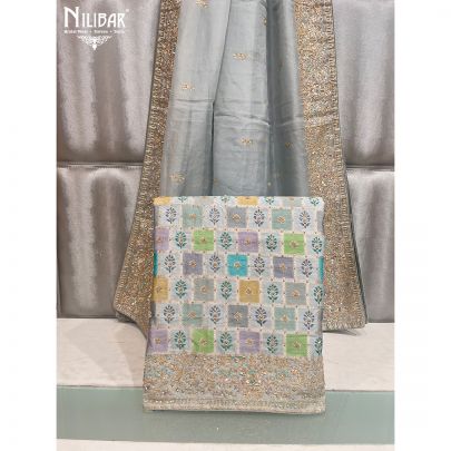 Smoky Slate Silk and Organza Unstitched Suit
