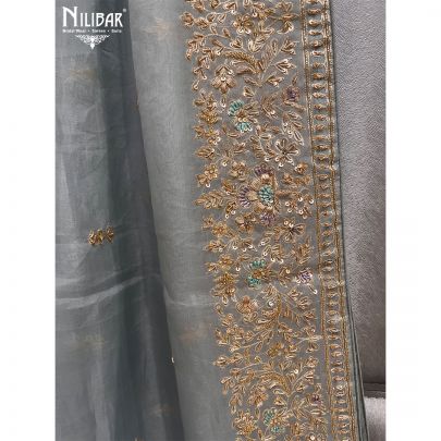 Smoky Slate Silk and Organza Unstitched Suit