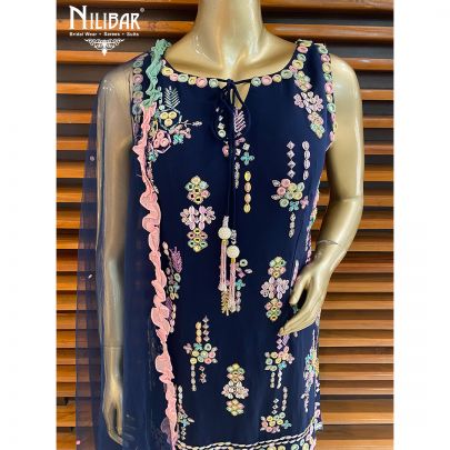 Navy Blue Georgette and Net Palazzo Suit