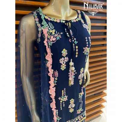 Navy Blue Georgette and Net Palazzo Suit