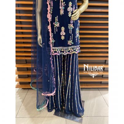 Navy Blue Georgette and Net Palazzo Suit