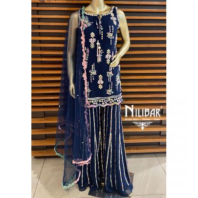 Navy Blue Georgette and Net Palazzo Suit