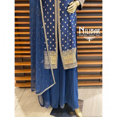 Navy Blue Organza and Net Palazzo Suit