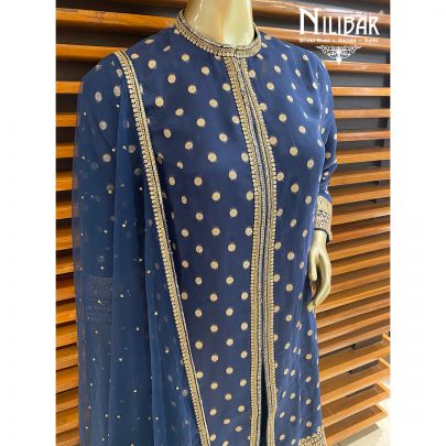 Navy Blue Organza and Net Palazzo Suit