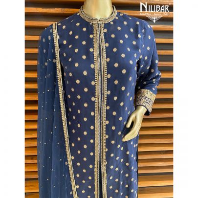 Navy Blue Organza and Net Palazzo Suit