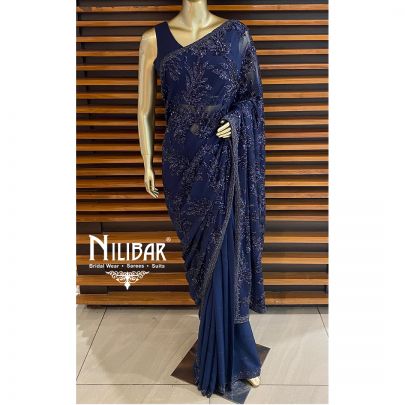 Navy Blue Chinon Saree