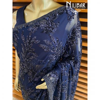 Navy Blue Chinon Saree