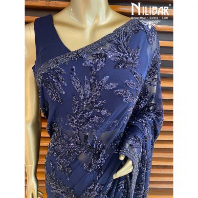 Navy Blue Chinon Saree