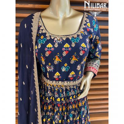 Navy Blue Silk Anarkali Suit
