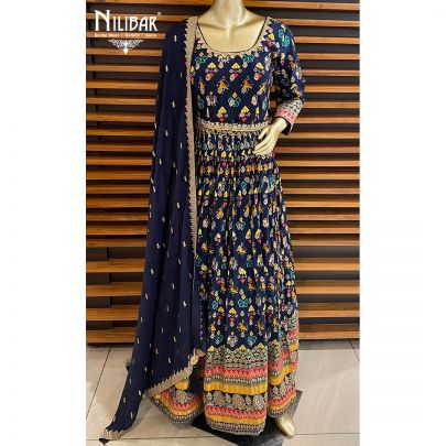 Navy Blue Silk Anarkali Suit