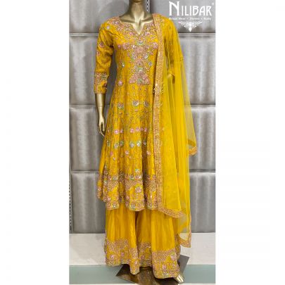 Yellow Silk and Net Sharara Suit