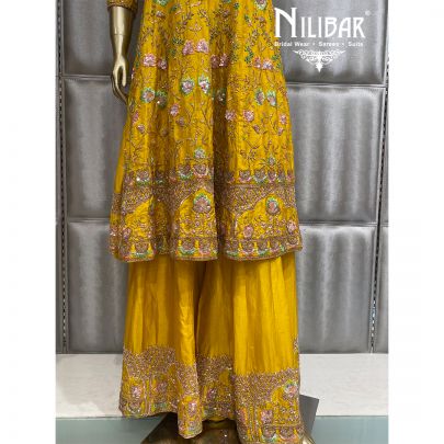 Yellow Silk and Net Sharara Suit