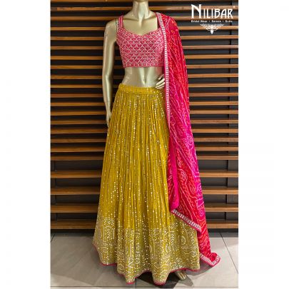 Magenta and Mustard Georgette Lehenga