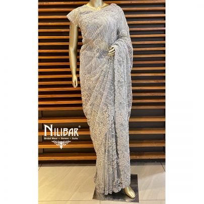 Silver Grey Net Saree