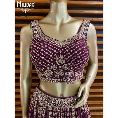 Wine Georgette and Chinon Lehenga