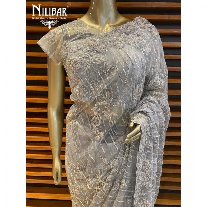 Silver Grey Net Saree