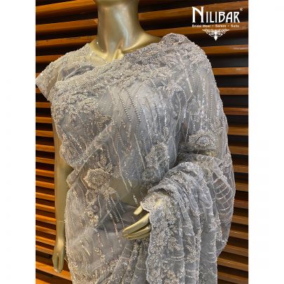 Silver Grey Net Saree