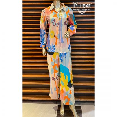 Blue and Multicolor Muslin Cotton Co-ord set    embellished with print work.