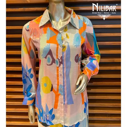 Blue and Multicolor Muslin Cotton Co-ord set    embellished with print work.