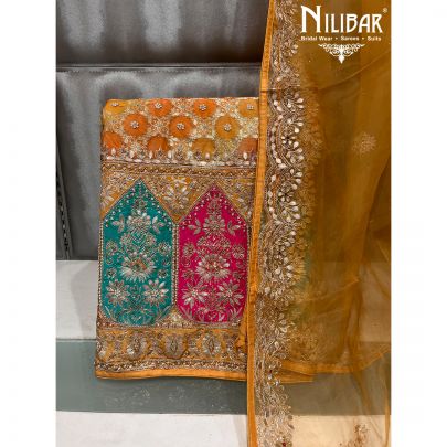 Yellow Georgette and Organza Unstitched Suit