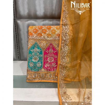 Yellow Georgette and Organza Unstitched Suit