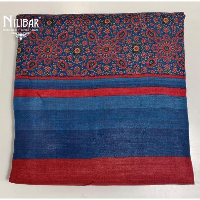 Red and Blue Monga Silk Printed Unstitched Suit