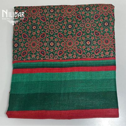 Green and Red Monga Silk Printed Unstitched Suit